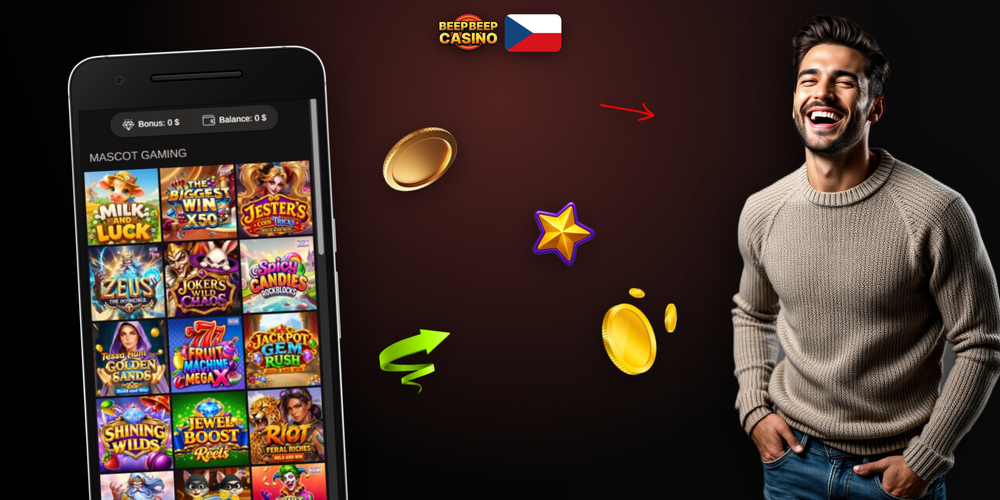 Beep Beep Casino na dvou smartphonech — Android a iPhone — s hrami a živým kasinem