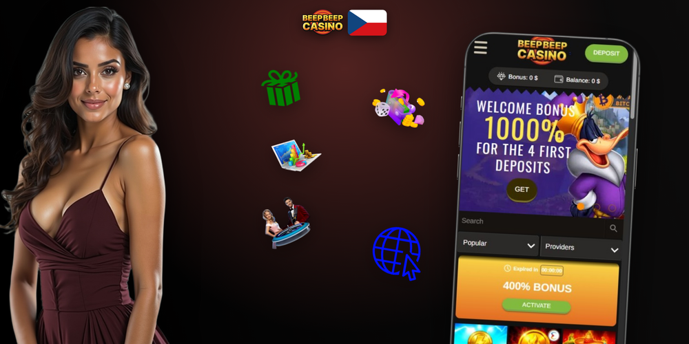 Banner Beep Beep Casino s piktogramy odpovědného hraní 18+ a přehledem podmínek bonusu